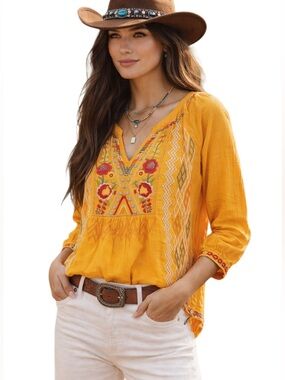 Johnny Was Orange Embroidered Cotton Blouse  S